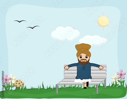 Cartoon Sardar Sitting in Garden