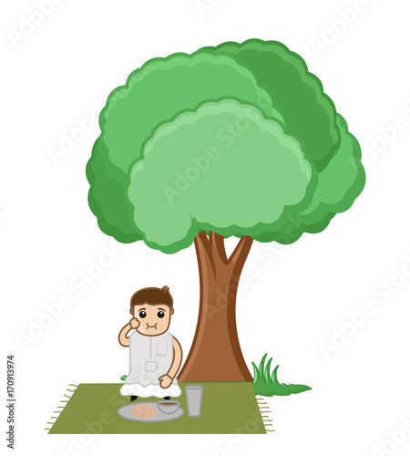 Cartoon Man Eating in Garden