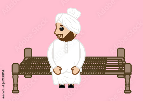 Happy Cartoon Sardar Sitting on Old Bed