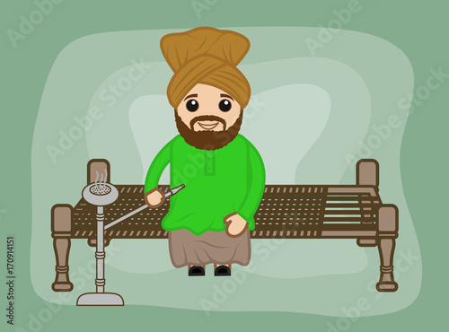 Cartoon Sardar Character Smoking Hukka