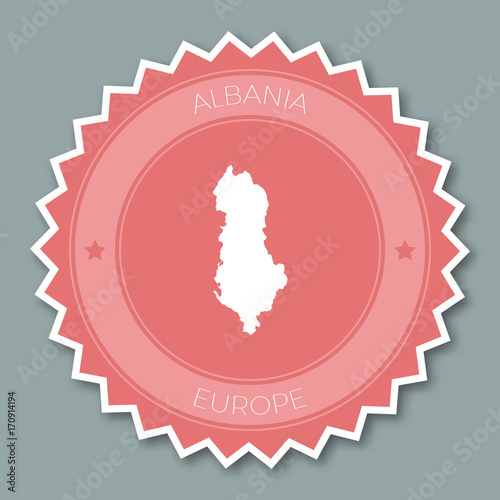 Albania badge flat design. Round flat style sticker of trendy colors with country map and name. Country badge vector illustration.