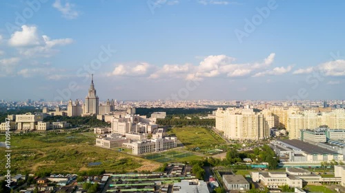 sunny day moscow cityscape living block lomonosov university aerial panorama 4k time lapse russia photo