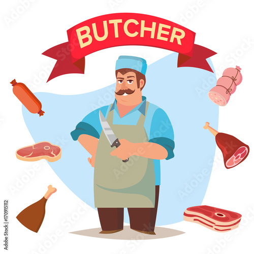 Professional Butcher Vector. Classic Butcher Man With Knife. Eco Farm Organic Market. For Storeroom Advertising. Cartoon Isolated Illustration.