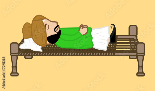 Cartoon Sardar Sleeping on Indian Traditional Bed