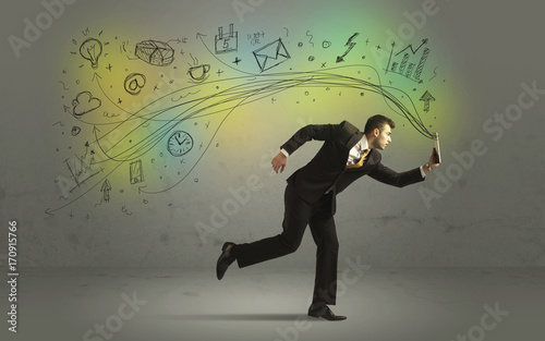 Business man in a rush with doodle media icons