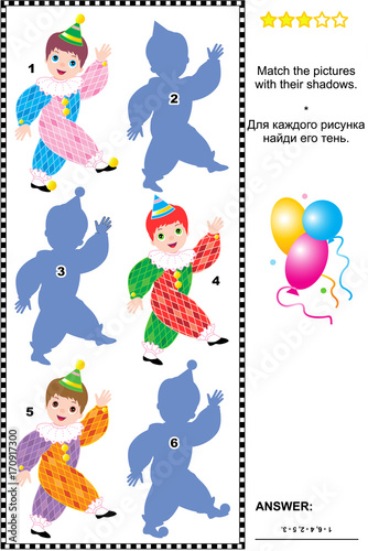 Visual puzzle or picture riddle: Match the pictures of cute little circus clowns to their shadows. Answer included.
