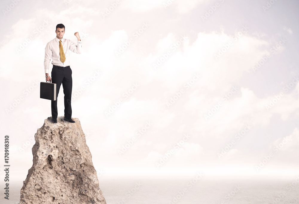 Happy businessman standing on cliff