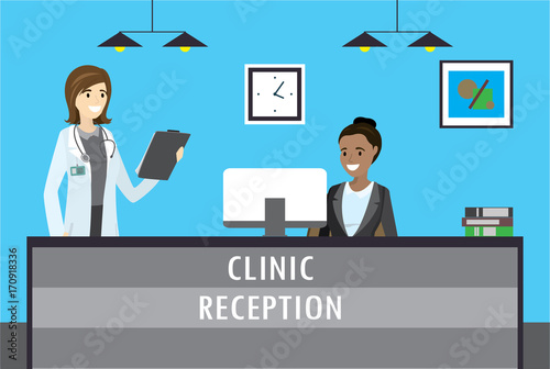 woman sitting at clinic reception desk and smile caucasian woman doctor