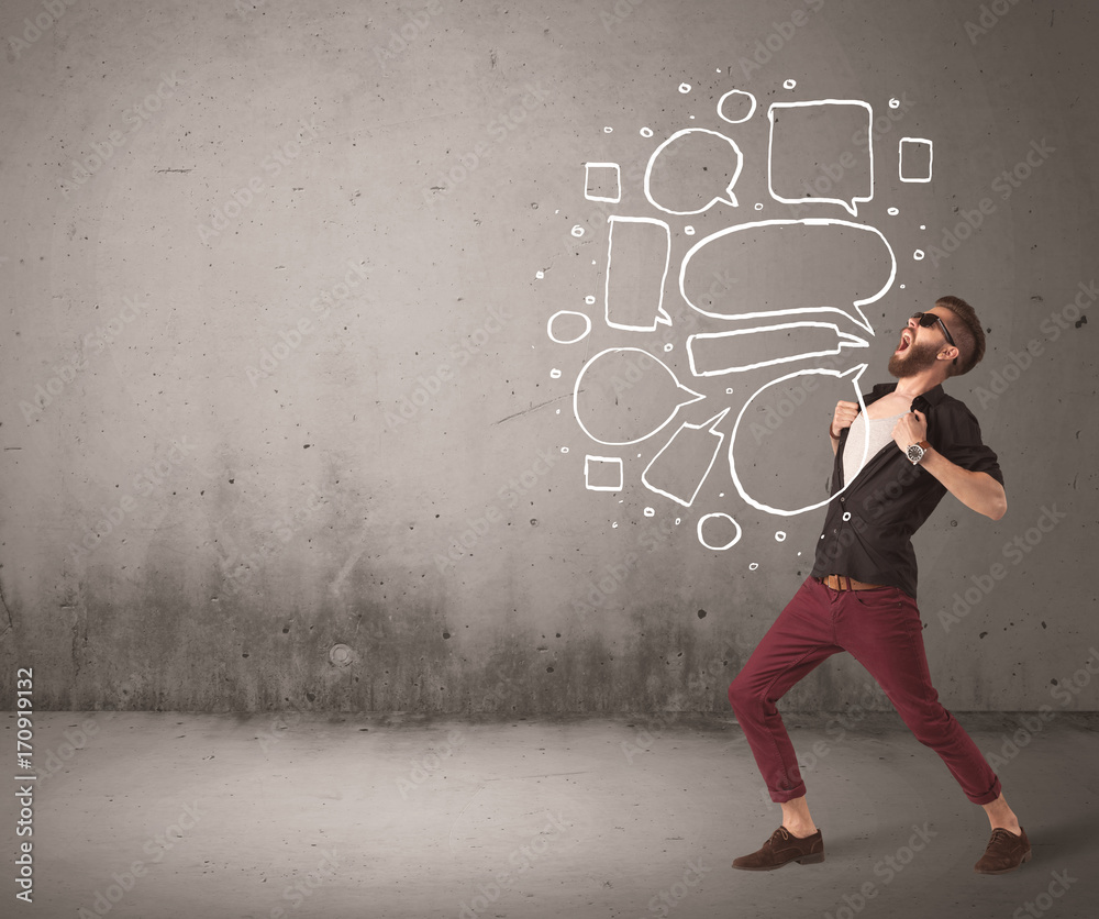 Shouting hipster with empty speech bubble Shouting hipster with empty speech bubble