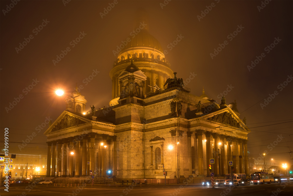 St. Isaac's Cathedral in the nght march fog, Saint Petersburg