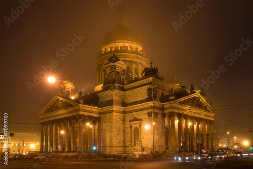 St. Isaac's Cathedral in the nght march fog, Saint Petersburg