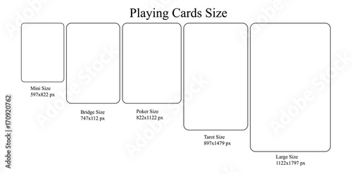 Playing card size model, Mini size, Bridge size, Poker size, Tarot size and Large size