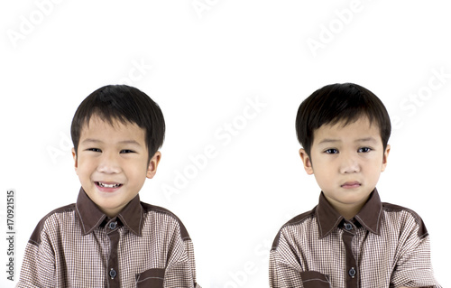 little happy and sad boy face in emotion on isolated white background
