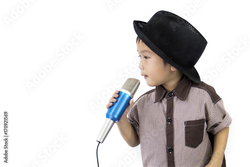 little cow boy rock star kid singing on isolated white background