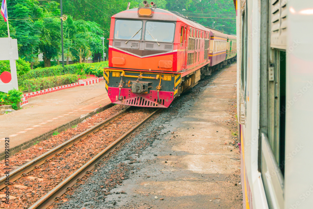 Naklejka premium train old run in countryside in travel. select focus with shallow depth of field