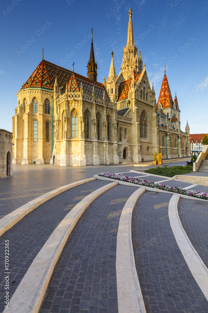 Morning view of Matthias church in historic city centre of Buda, Hungary.
