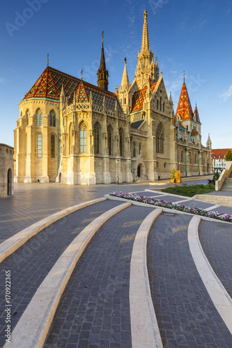Morning view of Matthias church in historic city centre of Buda, Hungary. 