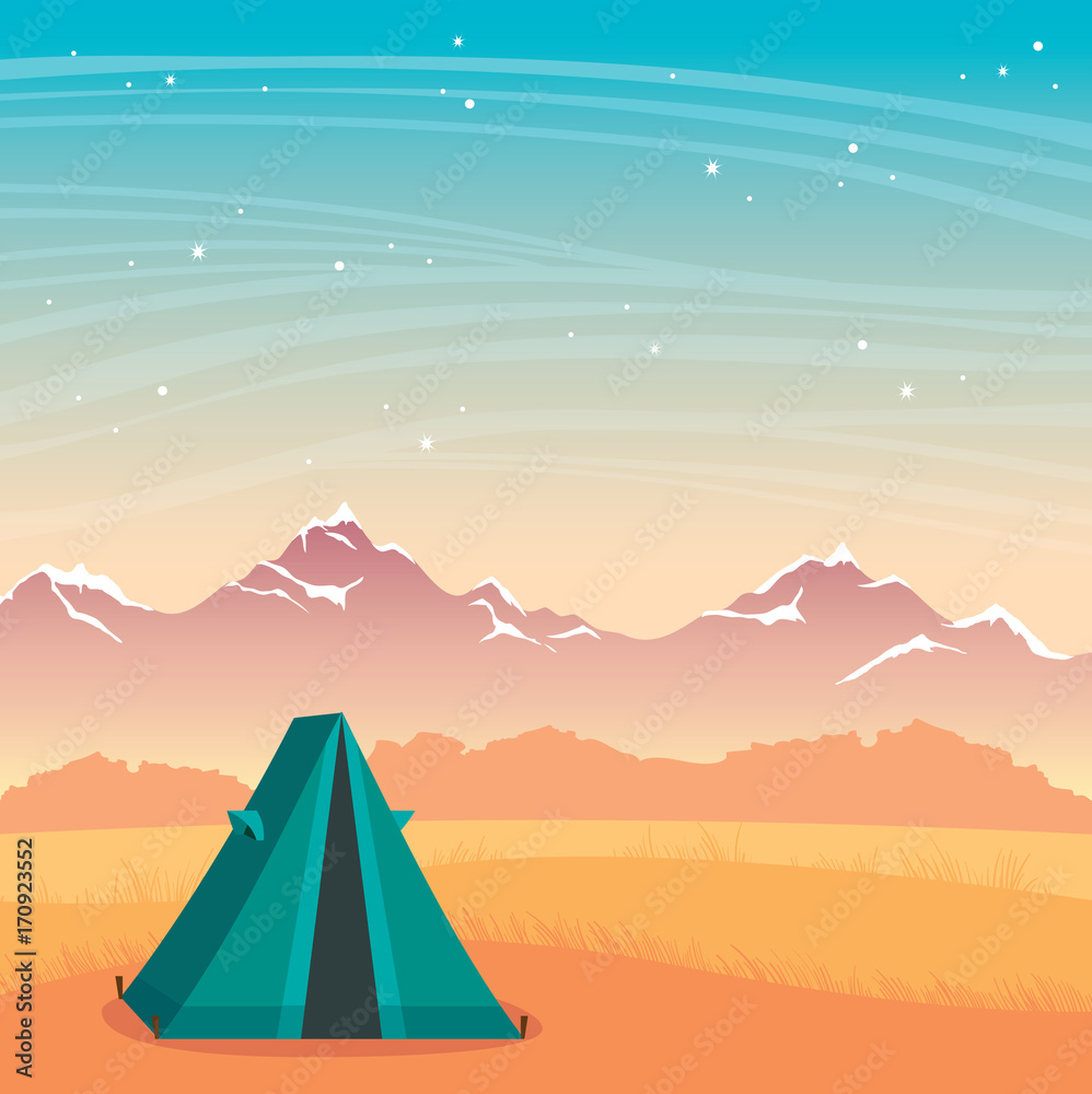 Tent, mountain and  night sky. Nature autumn camping.