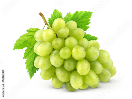 Green grape with leaves isolated on white background. Full depth of field.