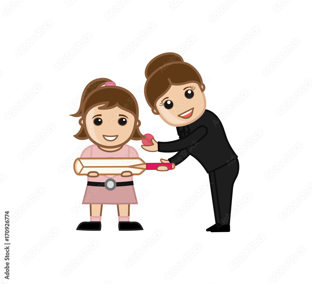 Woman Presenting Cricket Bat and Ball to a Kid Girl