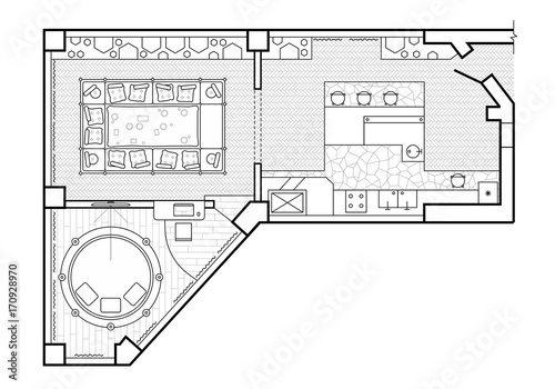 The interior design terrace. The cottage is a covered veranda. Drawing with the placement of furniture. Floor plan top view Layout of the apartment with the furniture