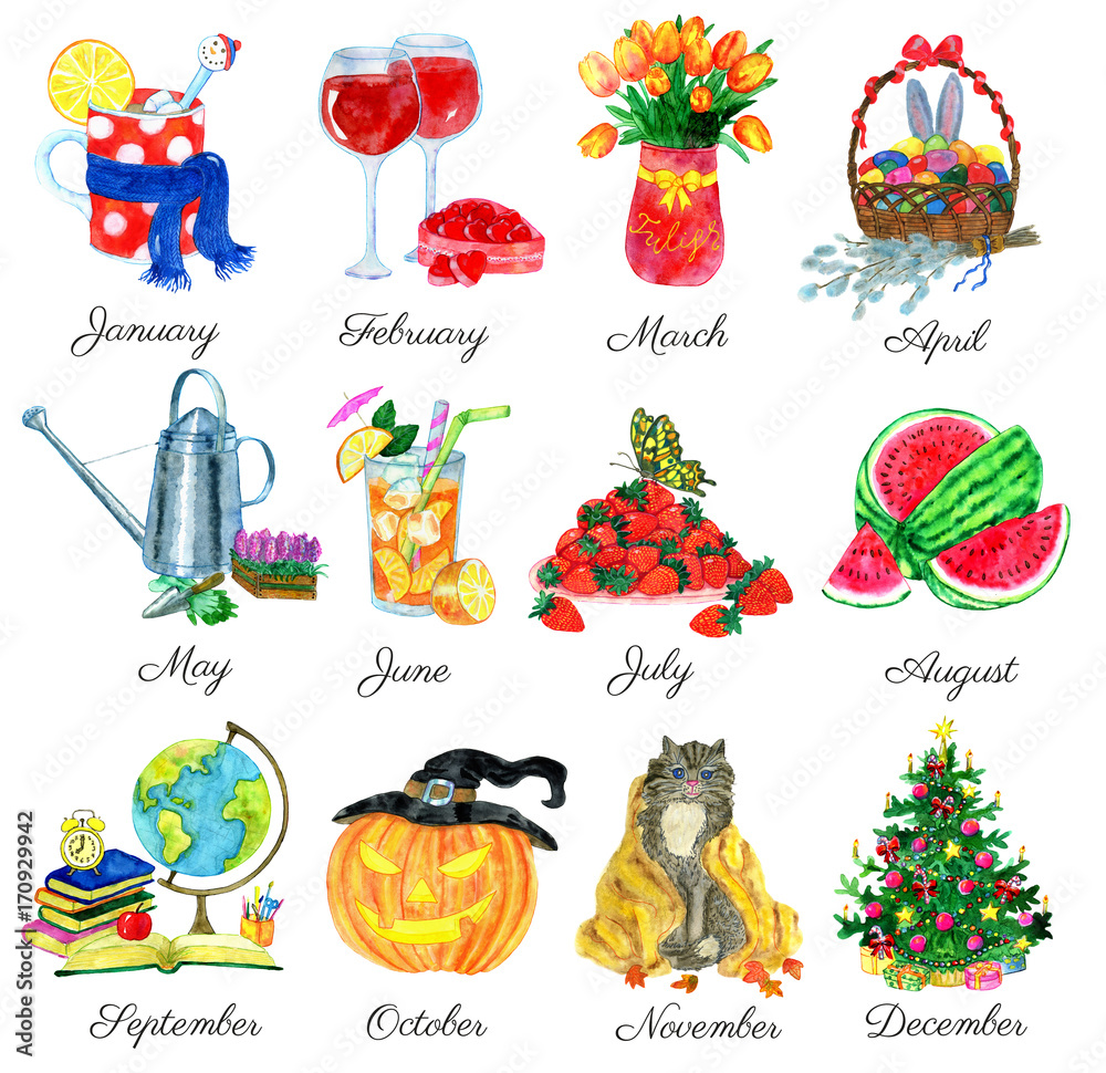 Fototapeta premium Collection with conceptual watercolor symbols of 12 months isolated on white.
