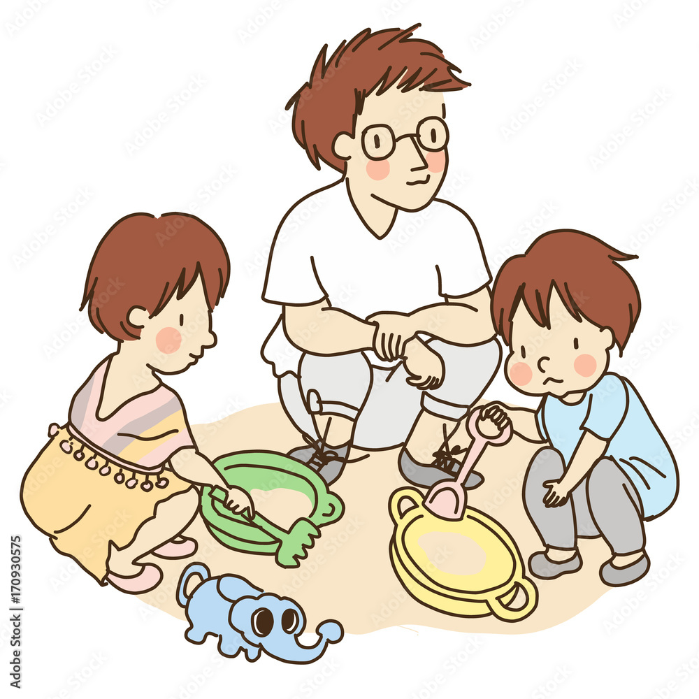 Vector illustration of dad and little kids playing with sand. Family concept - happy father's day card. Cartoon character drawing style. Isolated on white background. Vector illustration of dad and little kids playing with sand. Family concept - happy father's day card. Cartoon character drawing style. Isolated on white background.