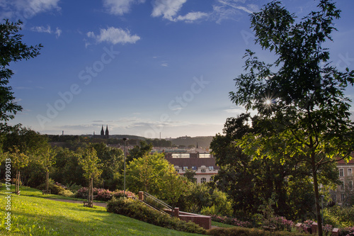 View from Ztracenka gardens to Vysehrad church. Prague, Czech Republic