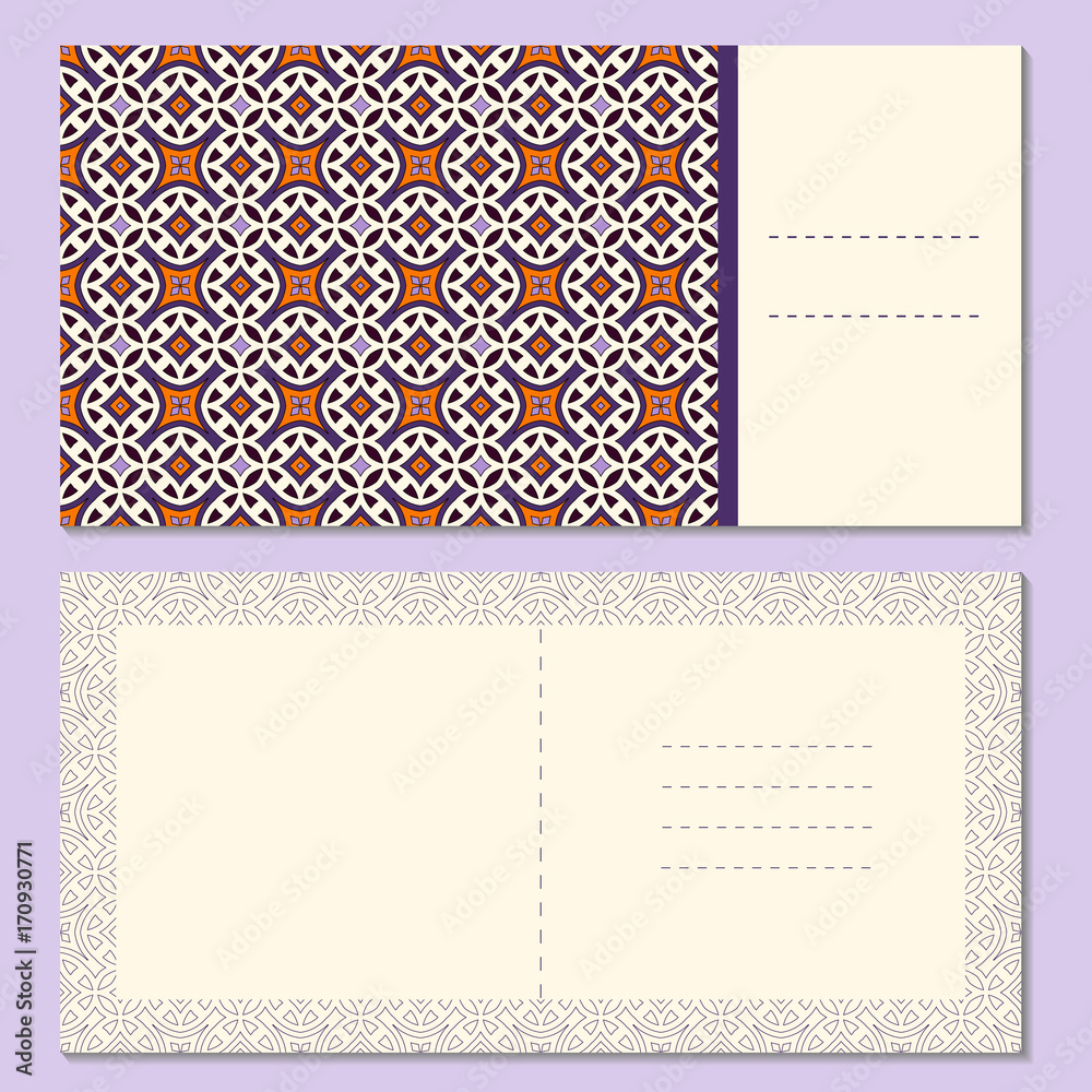 Obraz premium Set of four page greeting cards, invitation, brochures layout with outside and inside spread with geometric pattern
