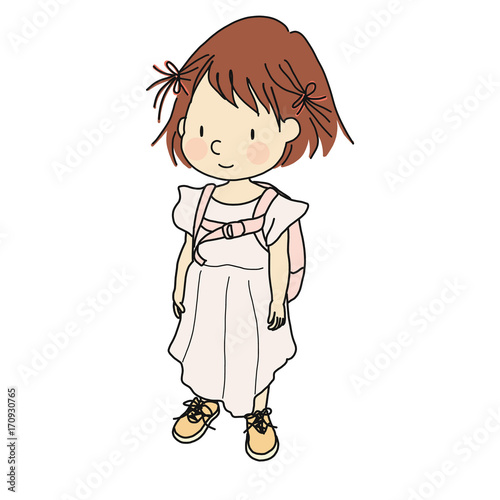 Vector illustration of little kid carrying backpack school. Cartoon character drawing style. Isolated on white background.
