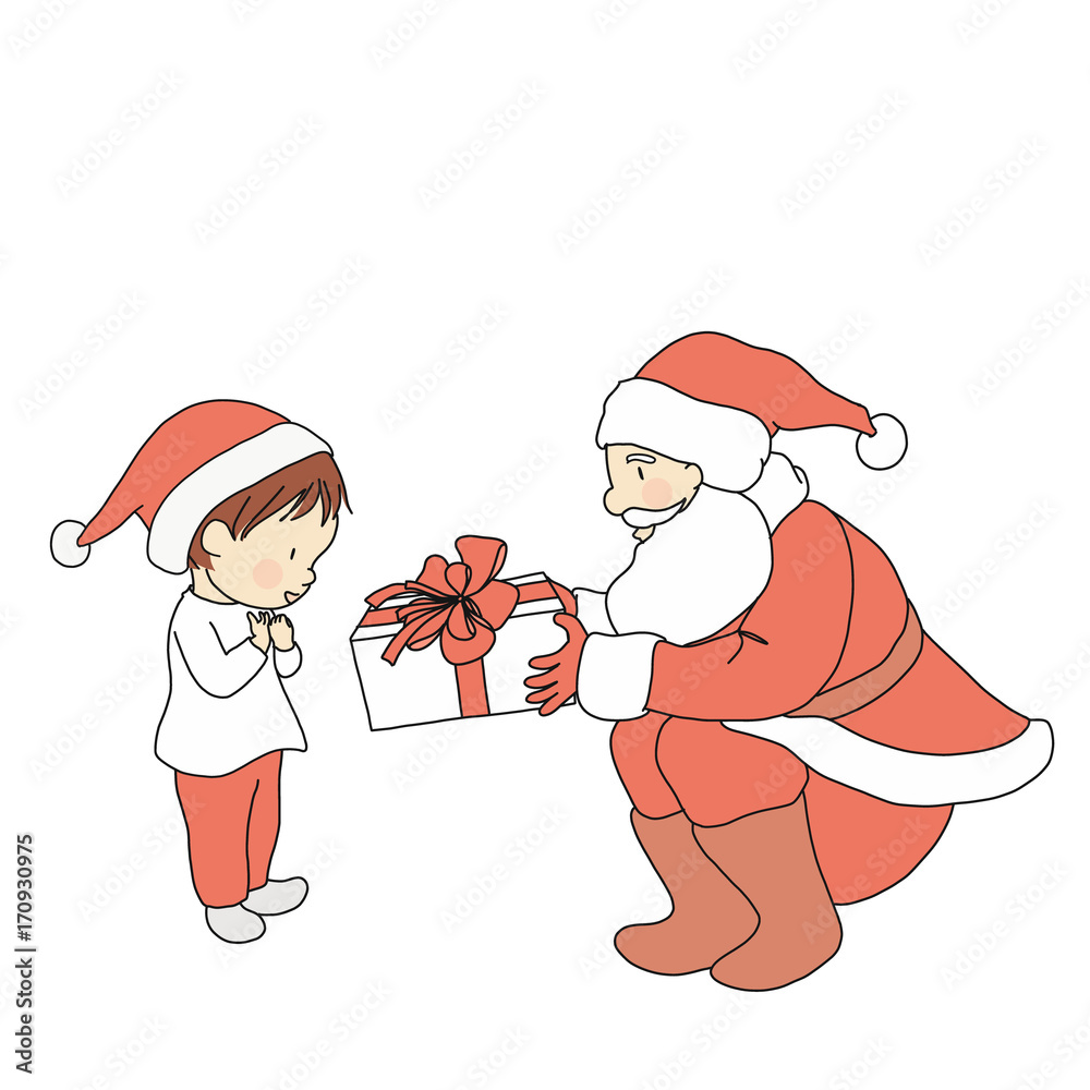 Vector illustration of Santa claus giving gift to little kid ...