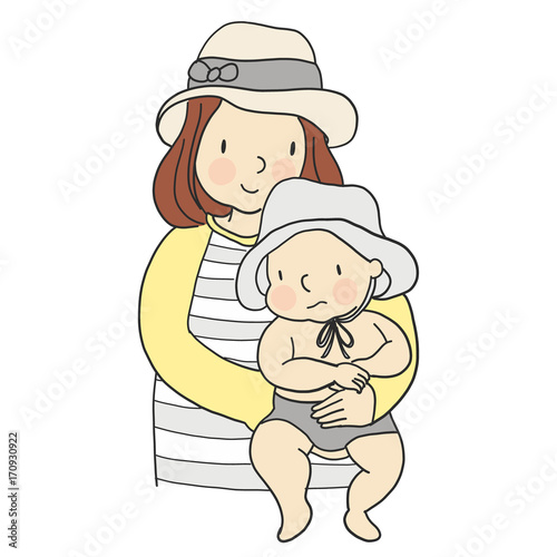 Vector illustration of mom carrying baby in her arms. Family concept - mother and kid. Cartoon character drawing style. Isolated on white background.