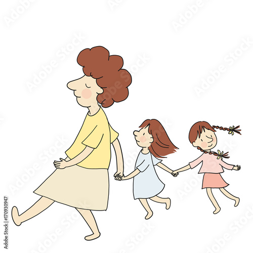 Vector illustration of mom and two little kids walking together hand in hand. Family concept mother and kid. Cartoon character drawing style. Isolated on white background.
