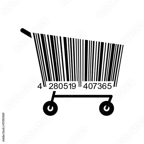 Icono plano codigo de barras carrito compra negro en fondo blanco