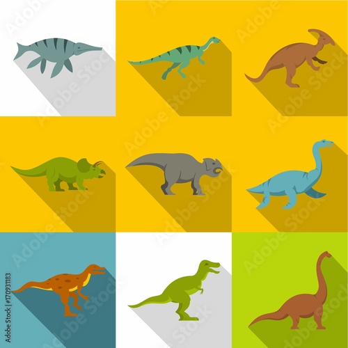 Silhouettes of dinosaurs icon set  flat style