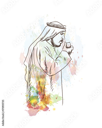 Watercolor sketch of Arab man drinking tea in vector illustration.