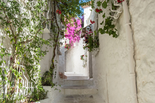  Streets of old Marmaris. Narrow streets with steps or stairs among the houses with white brick, green plants and flowers around in the old town of resort of Marmaris in Turkey