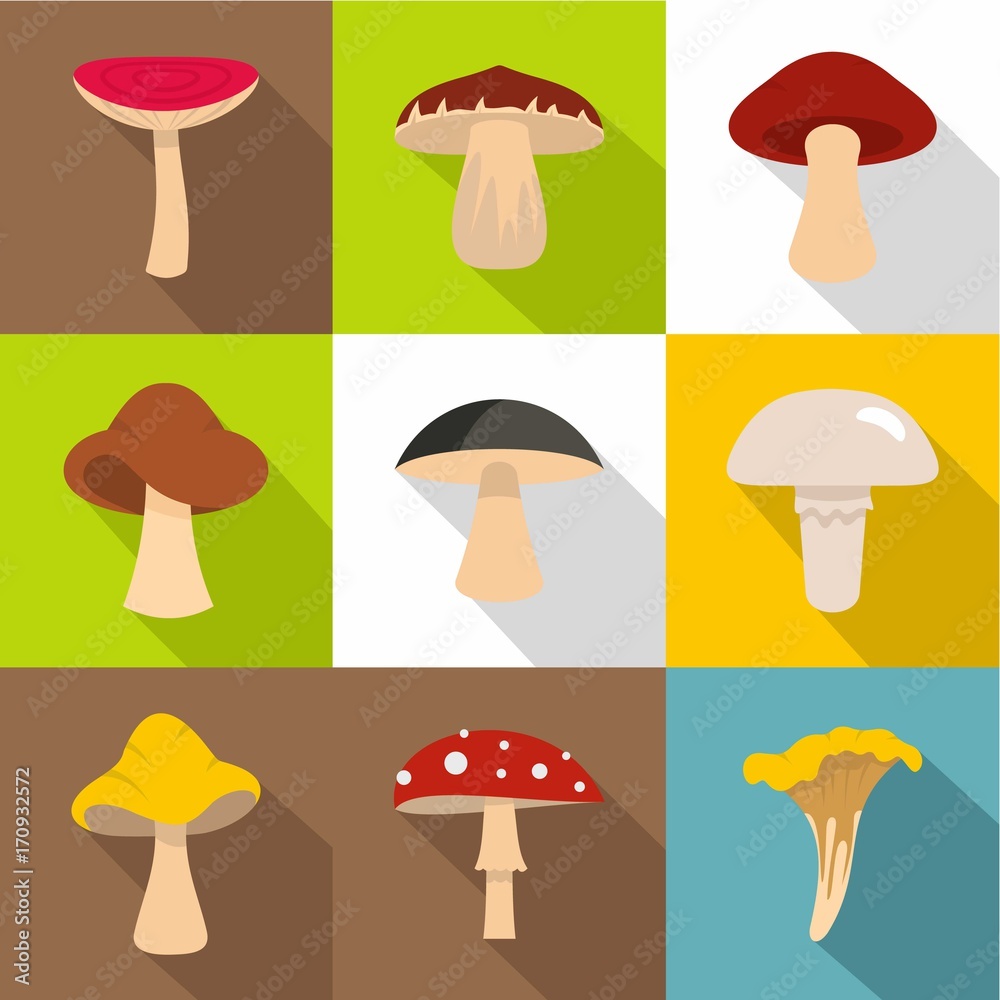 Autumn mushroom icon set, flat style Autumn mushroom icon set, flat style