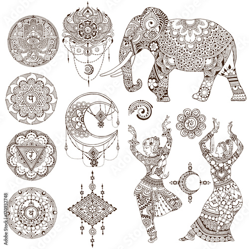 Dancers, elephant, mandalas, chakras, hamsa painted in the mehendi style. Set of elements on white background.