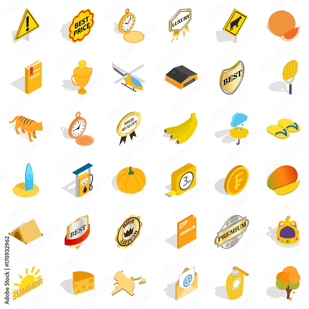 Yellow fruit icons set, isometric style