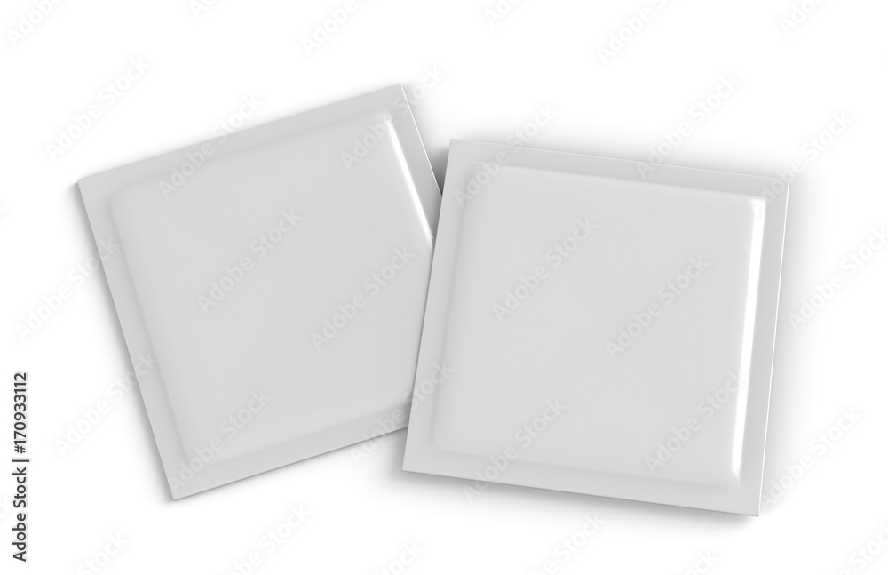 Blank Square Pouch Sachet Mock-Up For Shampoo, Wet Napkin, Sugar, Condom, Coffee, Medicine Powder, Candy. Mock Template On Isolated White Background, 3D Illustration Blank Square Pouch Sachet Mock-Up For Shampoo, Wet Napkin, Sugar, Condom, Coffee, Medicine Powder, Candy. Mock Template On Isolated White Background, 3D Illustration