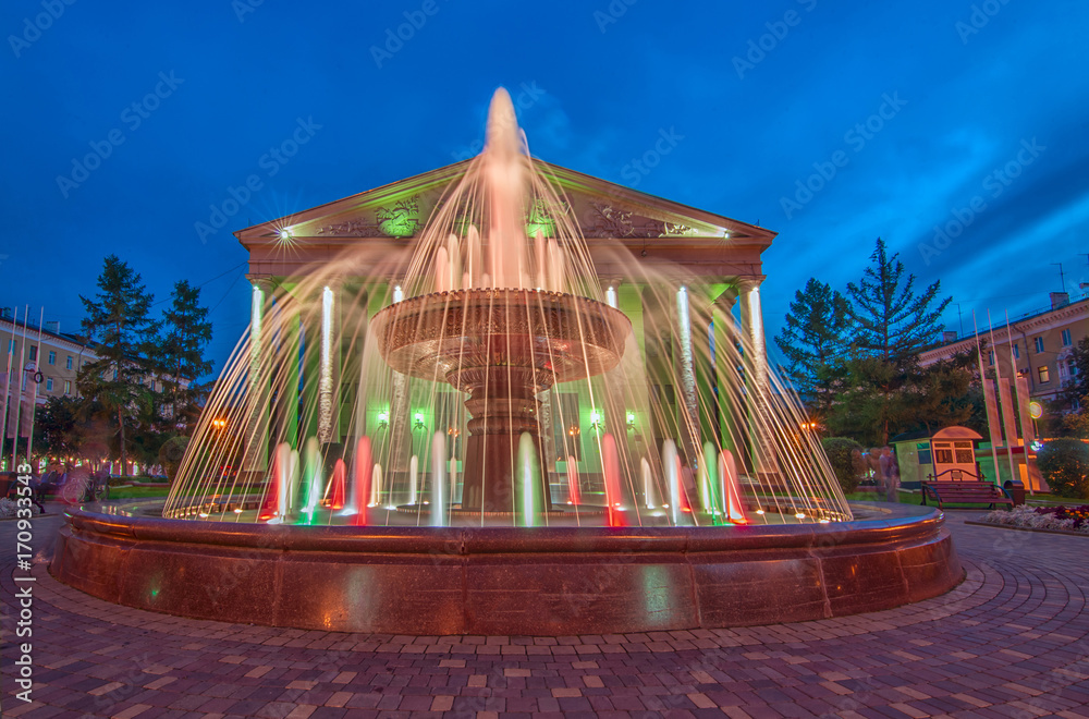 Colorful classic fountain in Kemerovo downtown Siberia, Russia