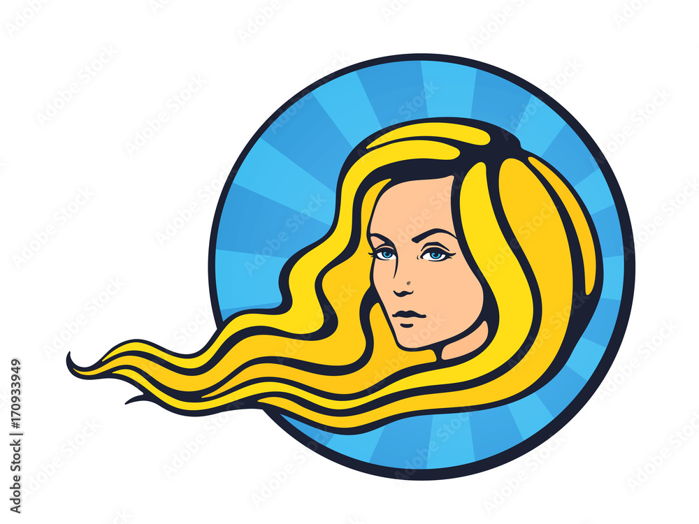 Vector illustration. Beautiful woman with long blond hairs that fluttering on the wind in pop art style. Face of young pretty girl with curly hairs. Fashion and hairstyle. Isolated on white background Vector illustration. Beautiful woman with long blond hairs that fluttering on the wind in pop art style. Face of young pretty girl with curly hairs. Fashion and hairstyle. Isolated on white background