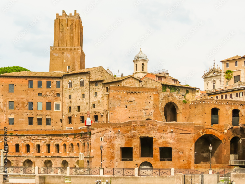 Roman Forum. Ruins of times of the Roman Empire. Tower of Milizie, Trajan's Market and Casa dei Cavalieri di Rodi. Rome, Italy