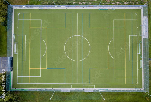 Aerial view of empty soccer field in Europe