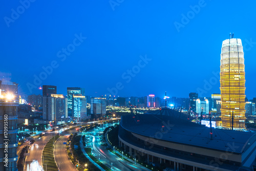 Zhengzhou cityscape with International Convention and Exhibition Center,Zhengzhou city,Henan province,China,East Asia.