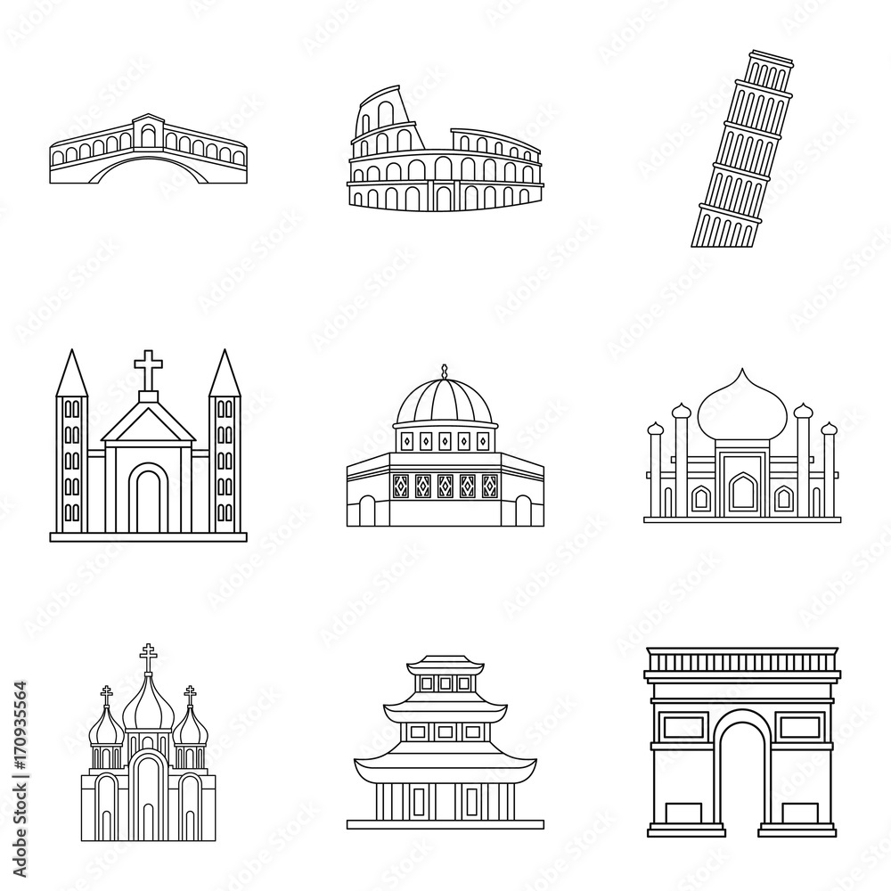 Shrine icons set, outline style