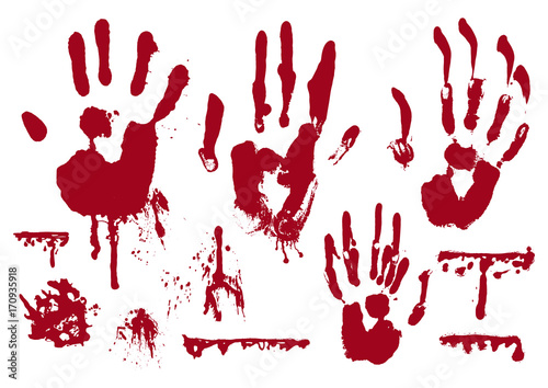 Blood realistic marks of hand, dripping drops, splatters, spray, stains, smears set.