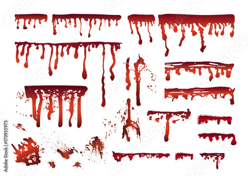 Blood realistic dripping drops, splatters, spray, stains, smears set. Vector illustration