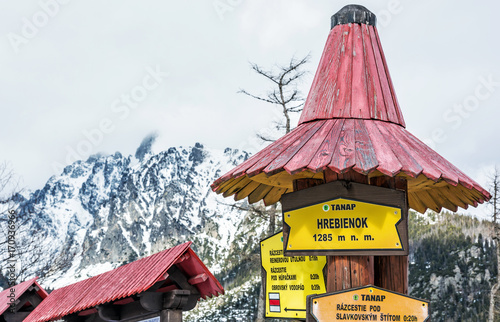 Hiking signs in Hrebienok, High Tatras mountains, Slovakia photo
